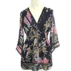 Hale Bob Black Floral Silk Floral Top XS
